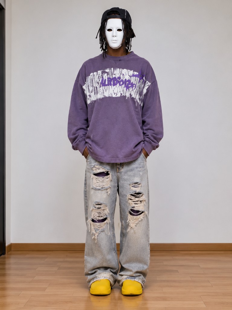 Sample portrait of a dancer in a purple sweatshirt, ripped jeans, and yellow shoes. Not a customer upload.